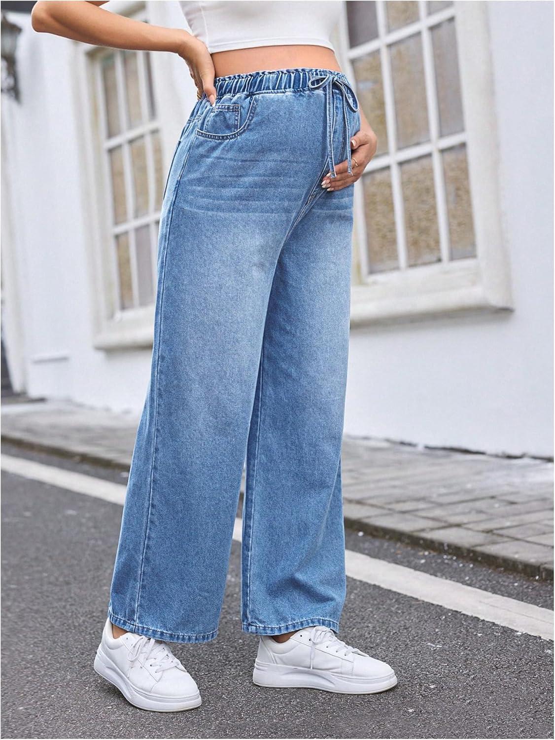 imageMakeMeChic Womens Maternity Denim Pants Elastic Waist Drawstring Wide Leg Baggy Pregnancy Jeans with PocketsLight Wash