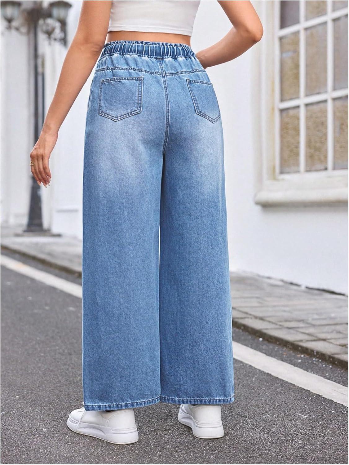 imageMakeMeChic Womens Maternity Denim Pants Elastic Waist Drawstring Wide Leg Baggy Pregnancy Jeans with PocketsLight Wash