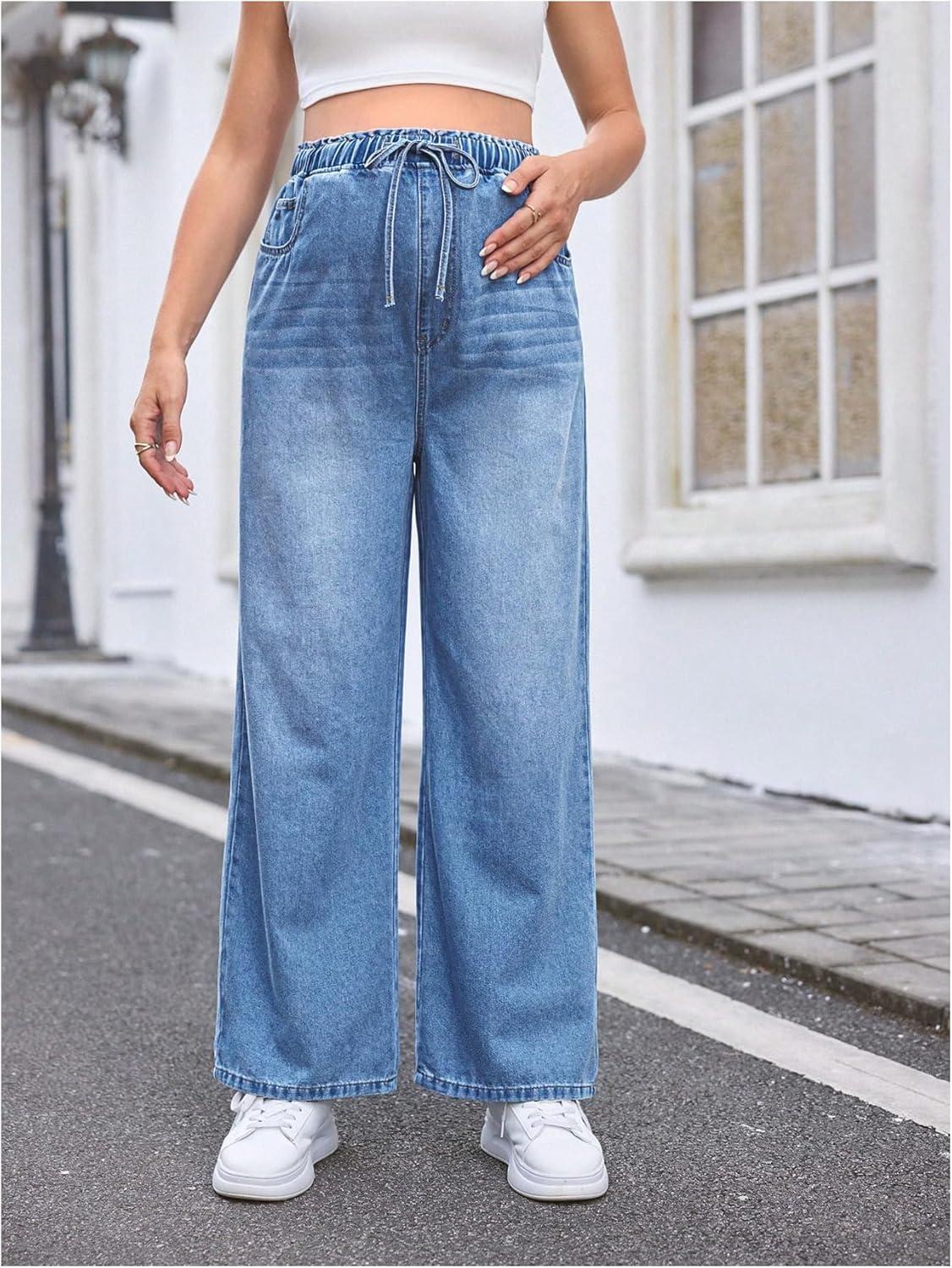 imageMakeMeChic Womens Maternity Denim Pants Elastic Waist Drawstring Wide Leg Baggy Pregnancy Jeans with PocketsLight Wash