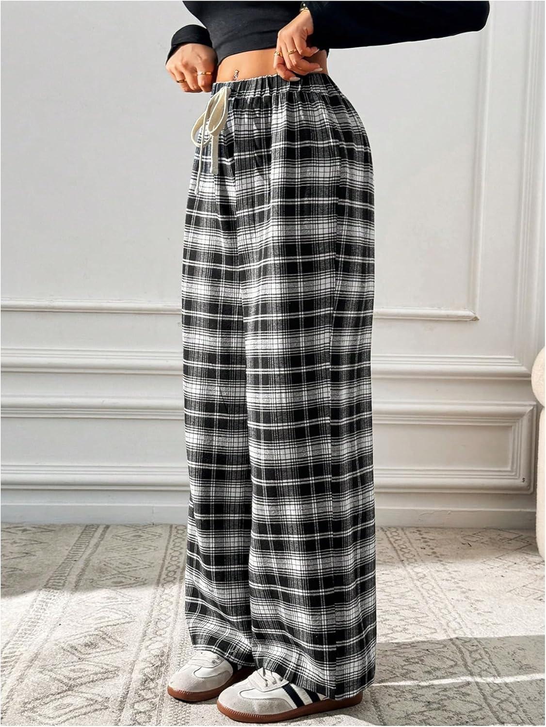imageMakeMeChic Womens Plaid Pants Elastic Waist Wide Leg Loose Casual TrousersBlack