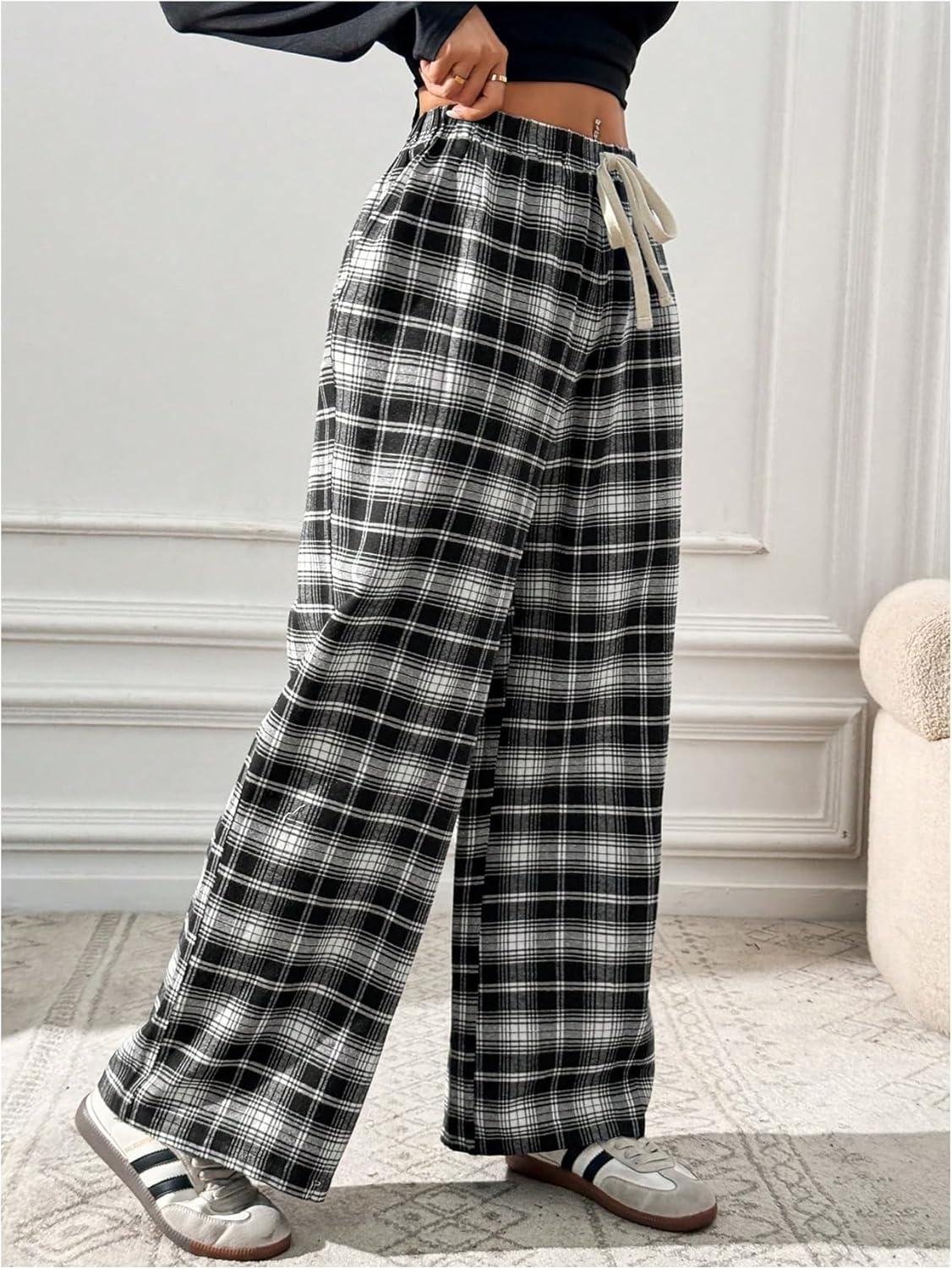 imageMakeMeChic Womens Plaid Pants Elastic Waist Wide Leg Loose Casual TrousersBlack