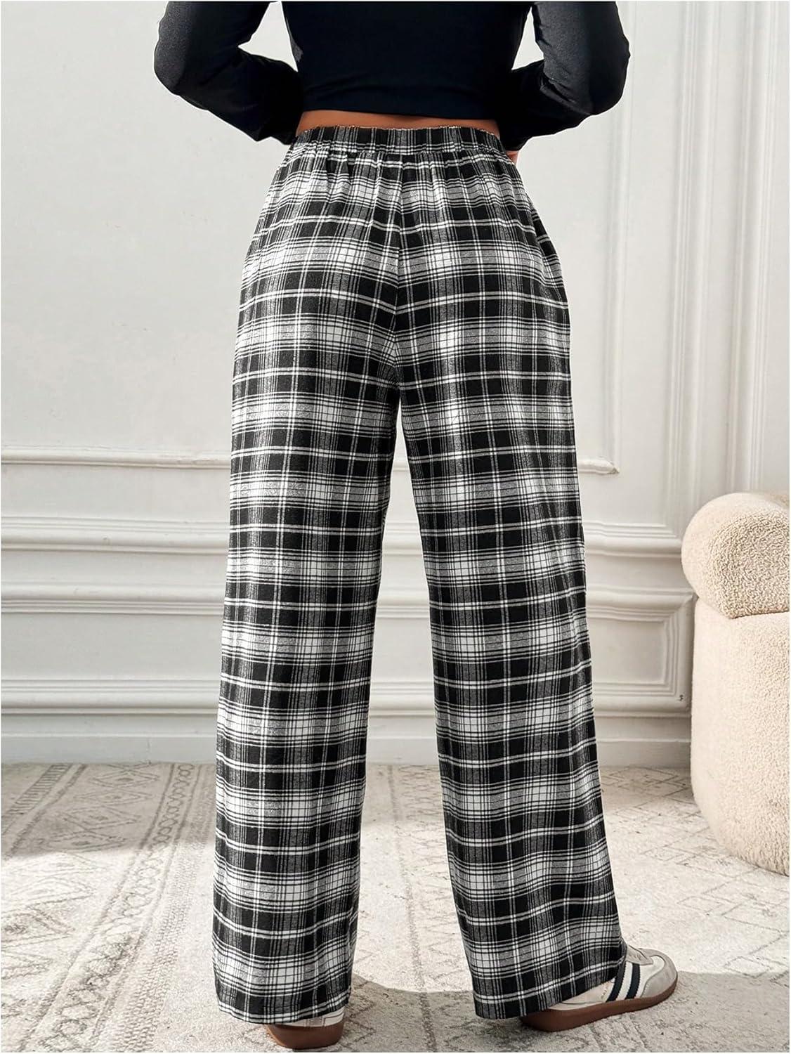 imageMakeMeChic Womens Plaid Pants Elastic Waist Wide Leg Loose Casual TrousersBlack