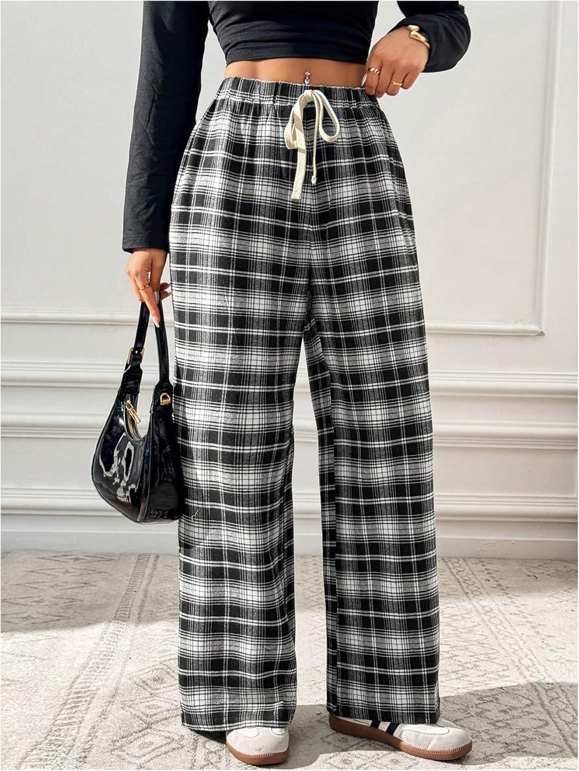 imageMakeMeChic Womens Plaid Pants Elastic Waist Wide Leg Loose Casual TrousersBlack