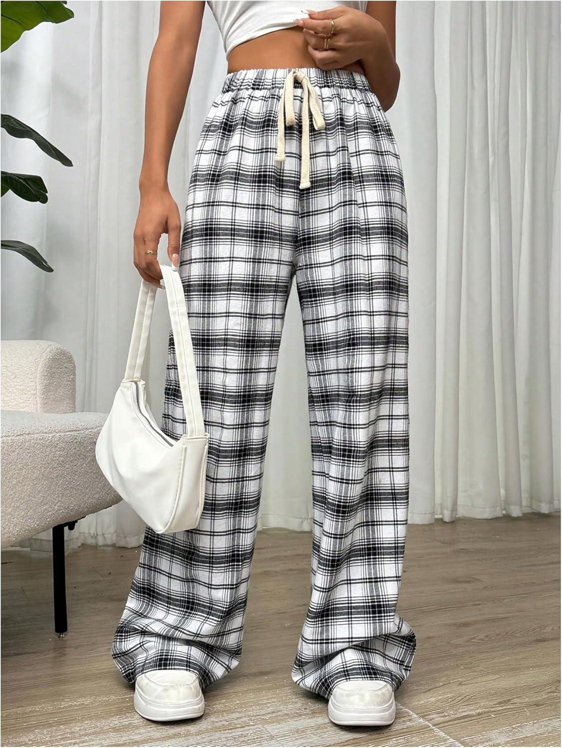 imageMakeMeChic Womens Plaid Pants Elastic Waist Wide Leg Loose Casual TrousersBlack and White