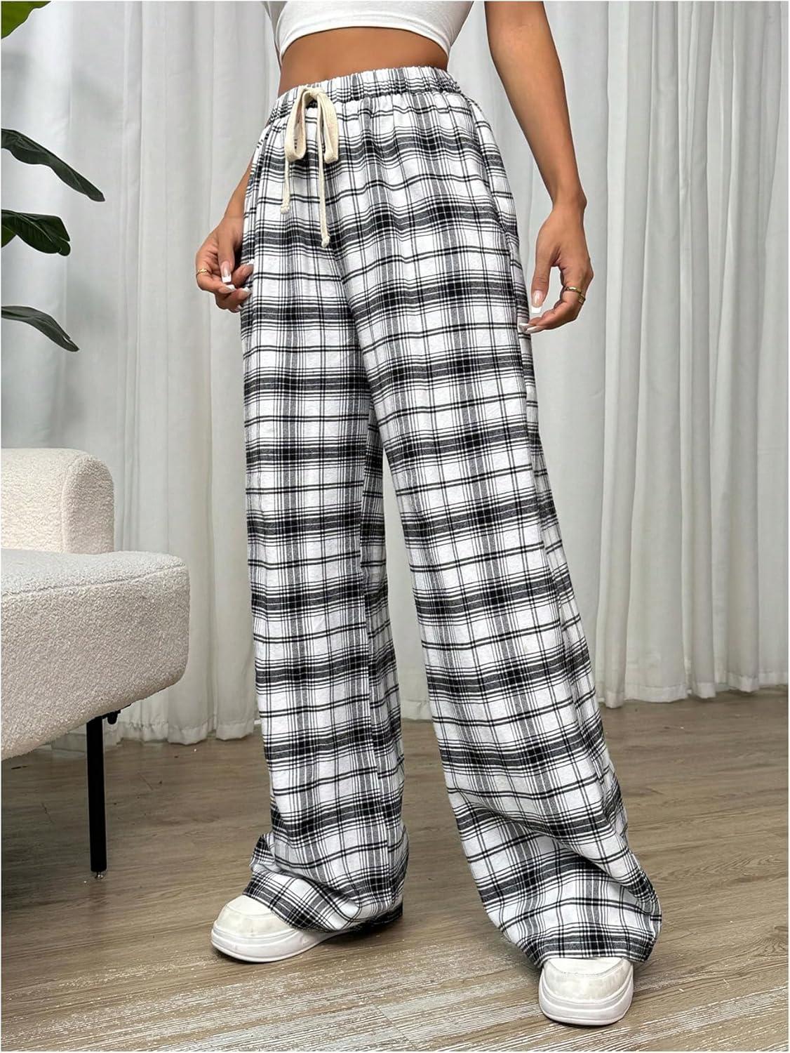 imageMakeMeChic Womens Plaid Pants Elastic Waist Wide Leg Loose Casual TrousersBlack and White