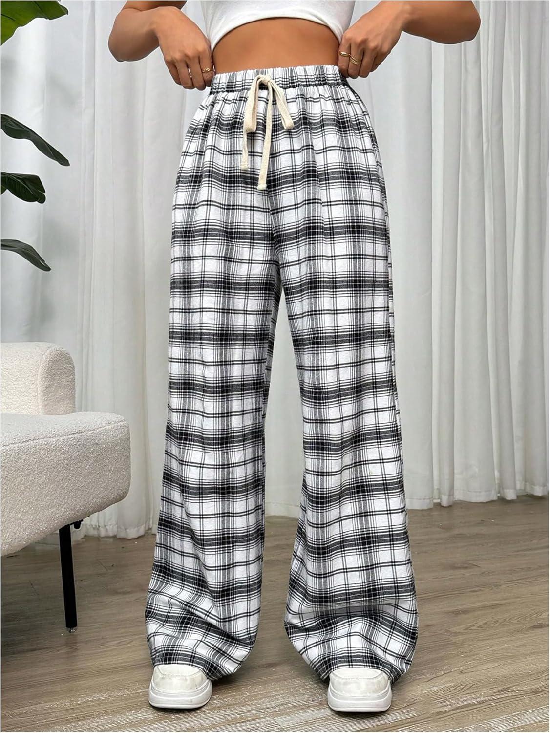 imageMakeMeChic Womens Plaid Pants Elastic Waist Wide Leg Loose Casual TrousersBlack and White