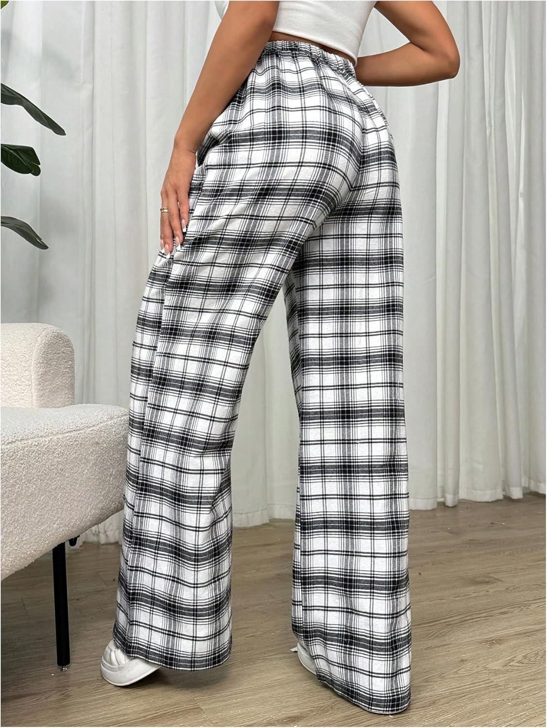 imageMakeMeChic Womens Plaid Pants Elastic Waist Wide Leg Loose Casual TrousersBlack and White