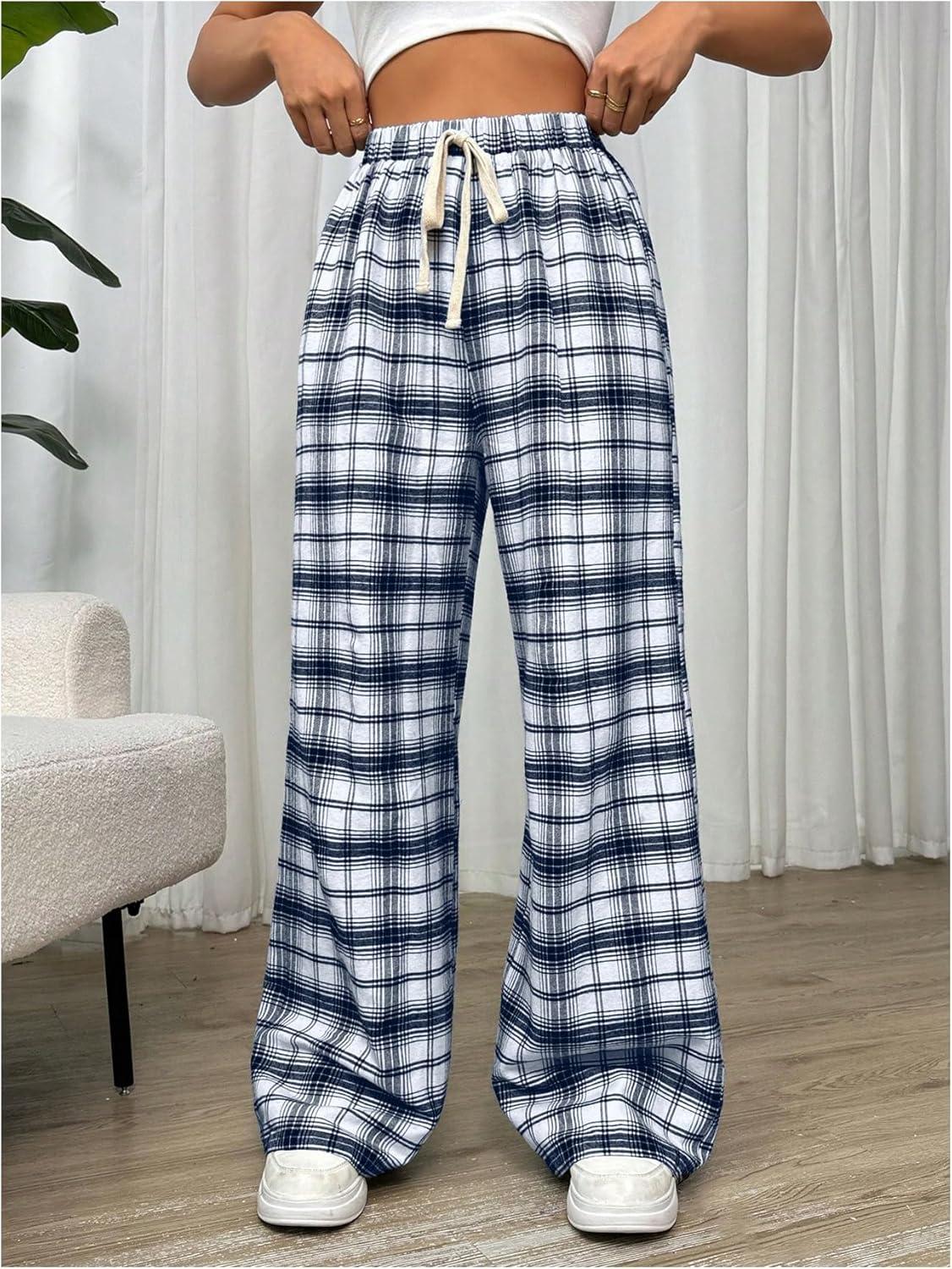 imageMakeMeChic Womens Plaid Pants Elastic Waist Wide Leg Loose Casual TrousersBlue