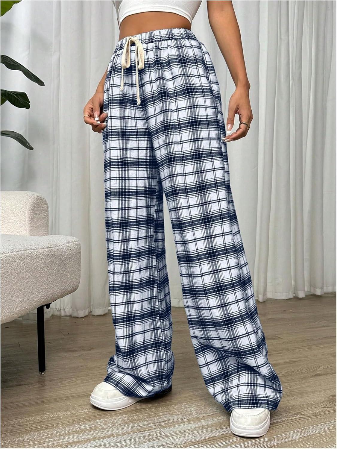 imageMakeMeChic Womens Plaid Pants Elastic Waist Wide Leg Loose Casual TrousersBlue