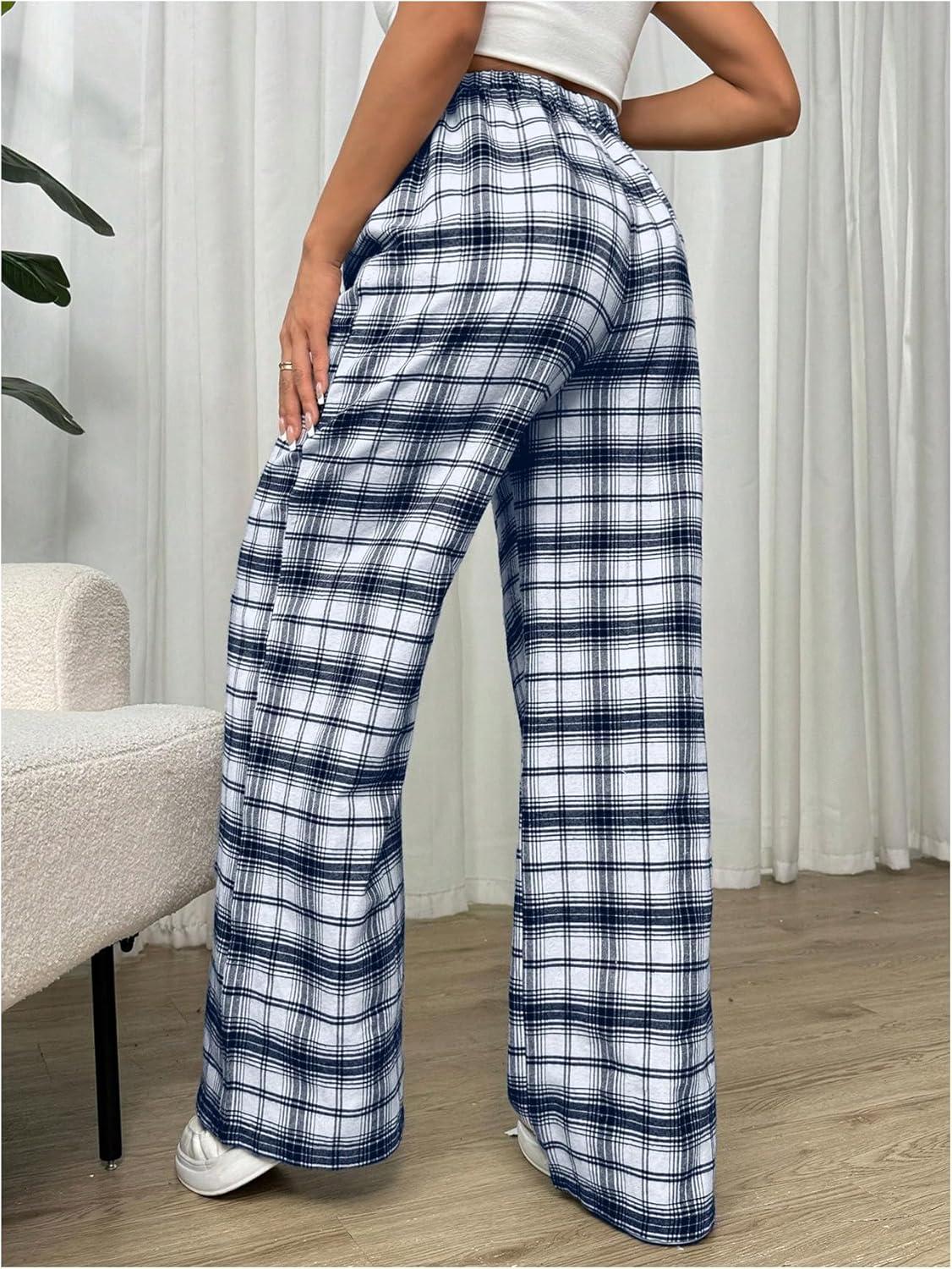 imageMakeMeChic Womens Plaid Pants Elastic Waist Wide Leg Loose Casual TrousersBlue