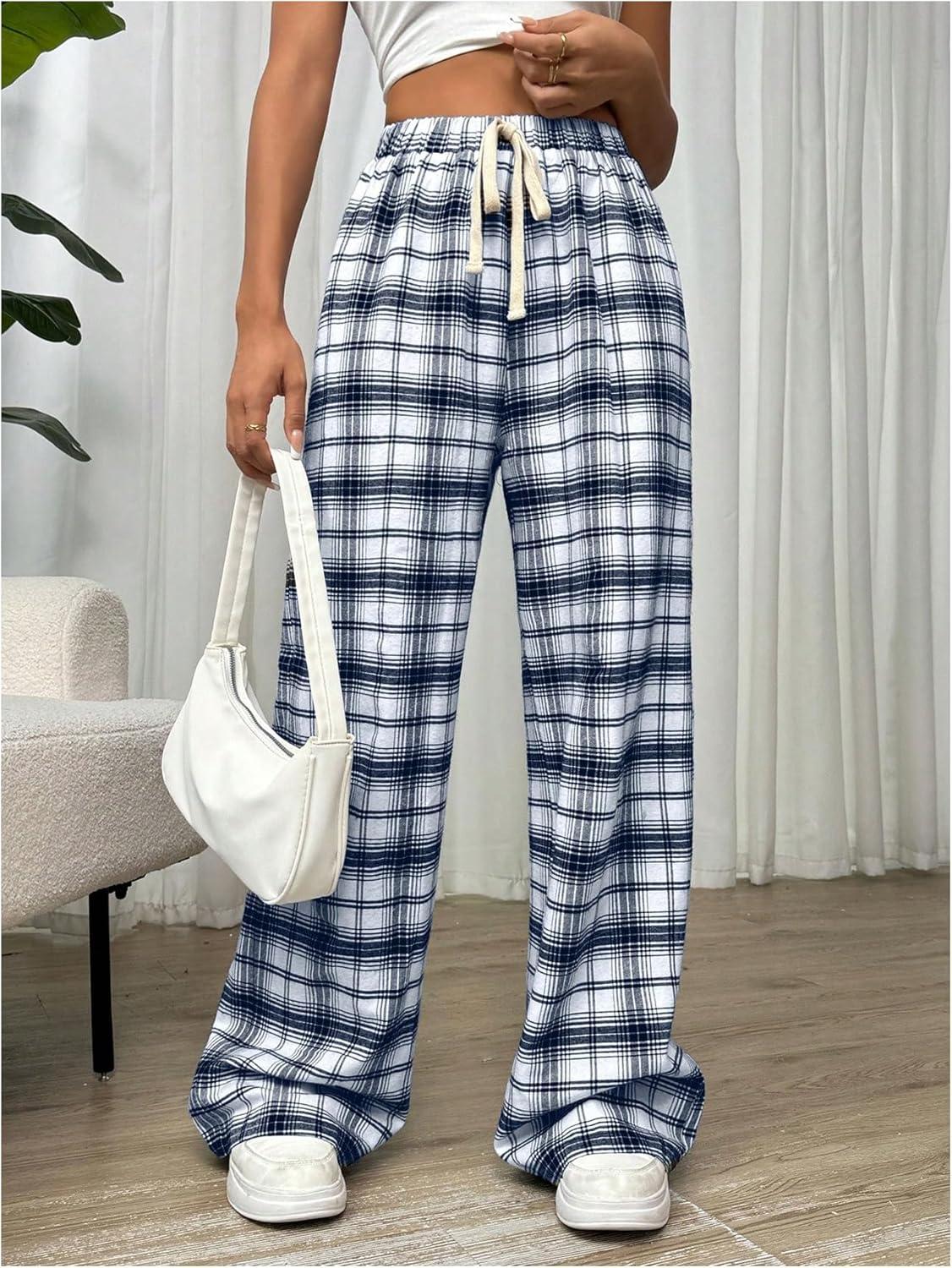 imageMakeMeChic Womens Plaid Pants Elastic Waist Wide Leg Loose Casual TrousersBlue