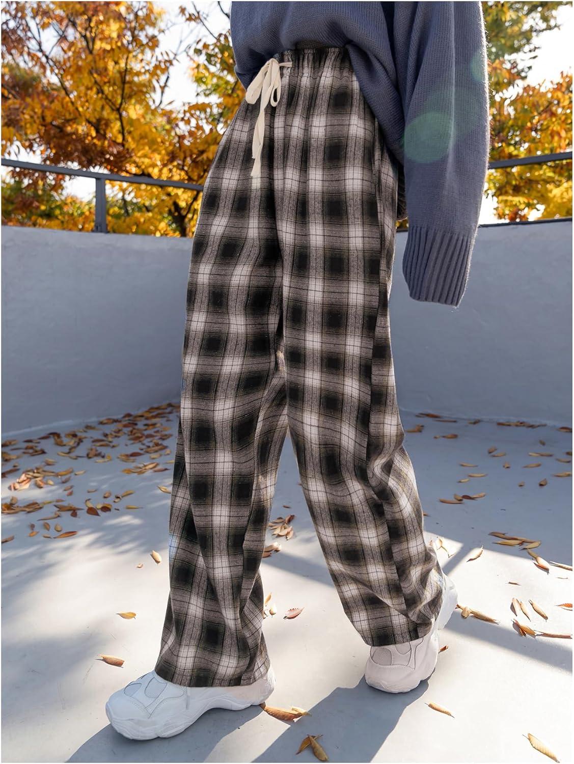 imageMakeMeChic Womens Plaid Pants Elastic Waist Wide Leg Loose Casual TrousersCoffee Brown