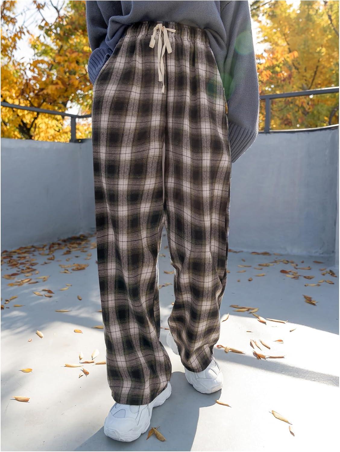 imageMakeMeChic Womens Plaid Pants Elastic Waist Wide Leg Loose Casual TrousersCoffee Brown