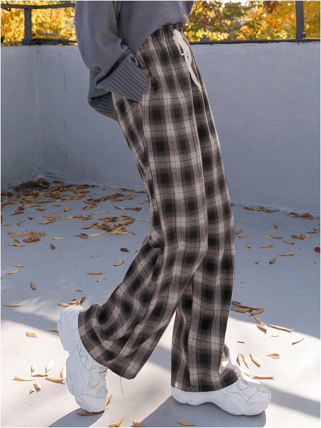 imageMakeMeChic Womens Plaid Pants Elastic Waist Wide Leg Loose Casual TrousersCoffee Brown
