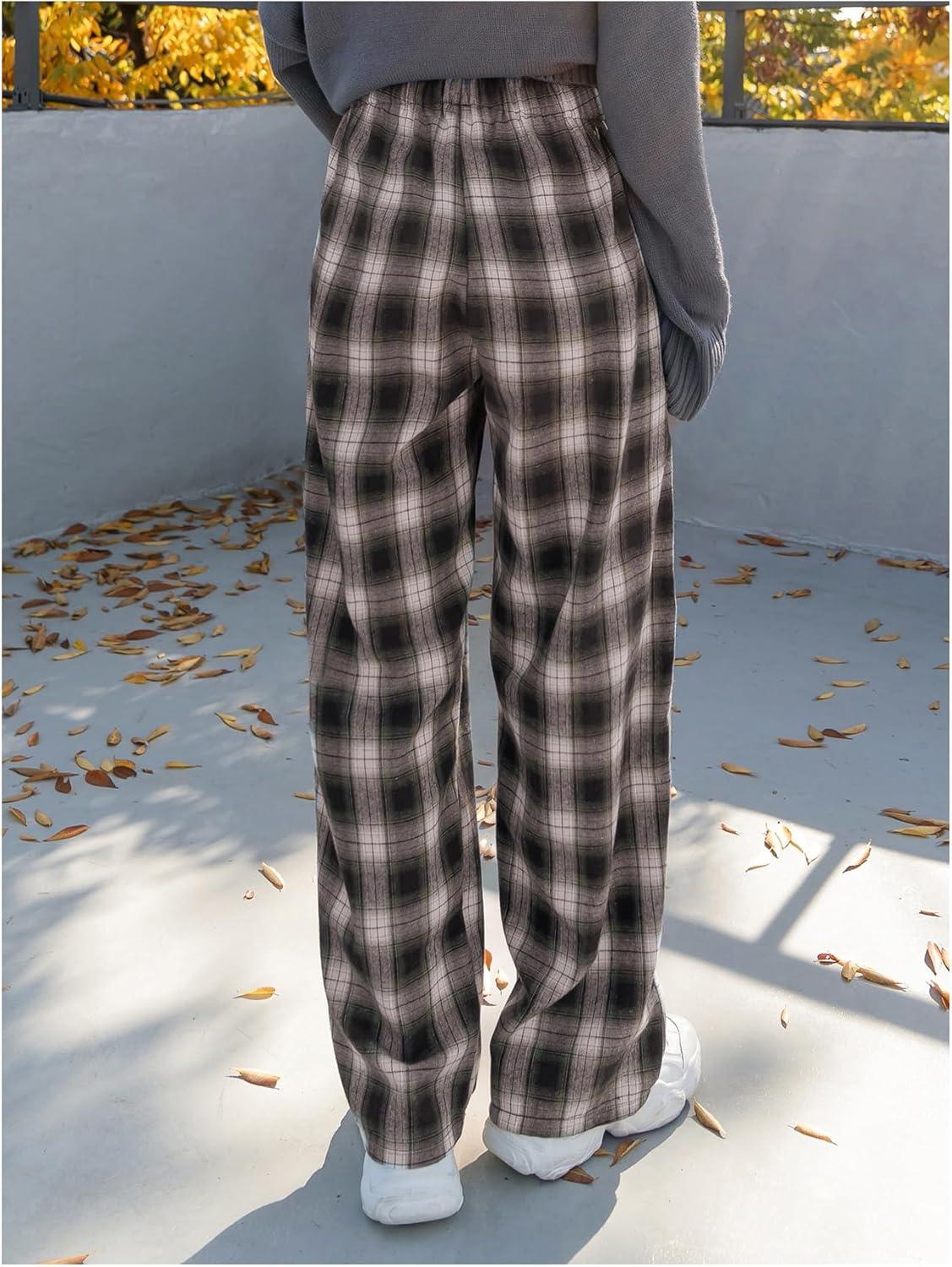 imageMakeMeChic Womens Plaid Pants Elastic Waist Wide Leg Loose Casual TrousersCoffee Brown