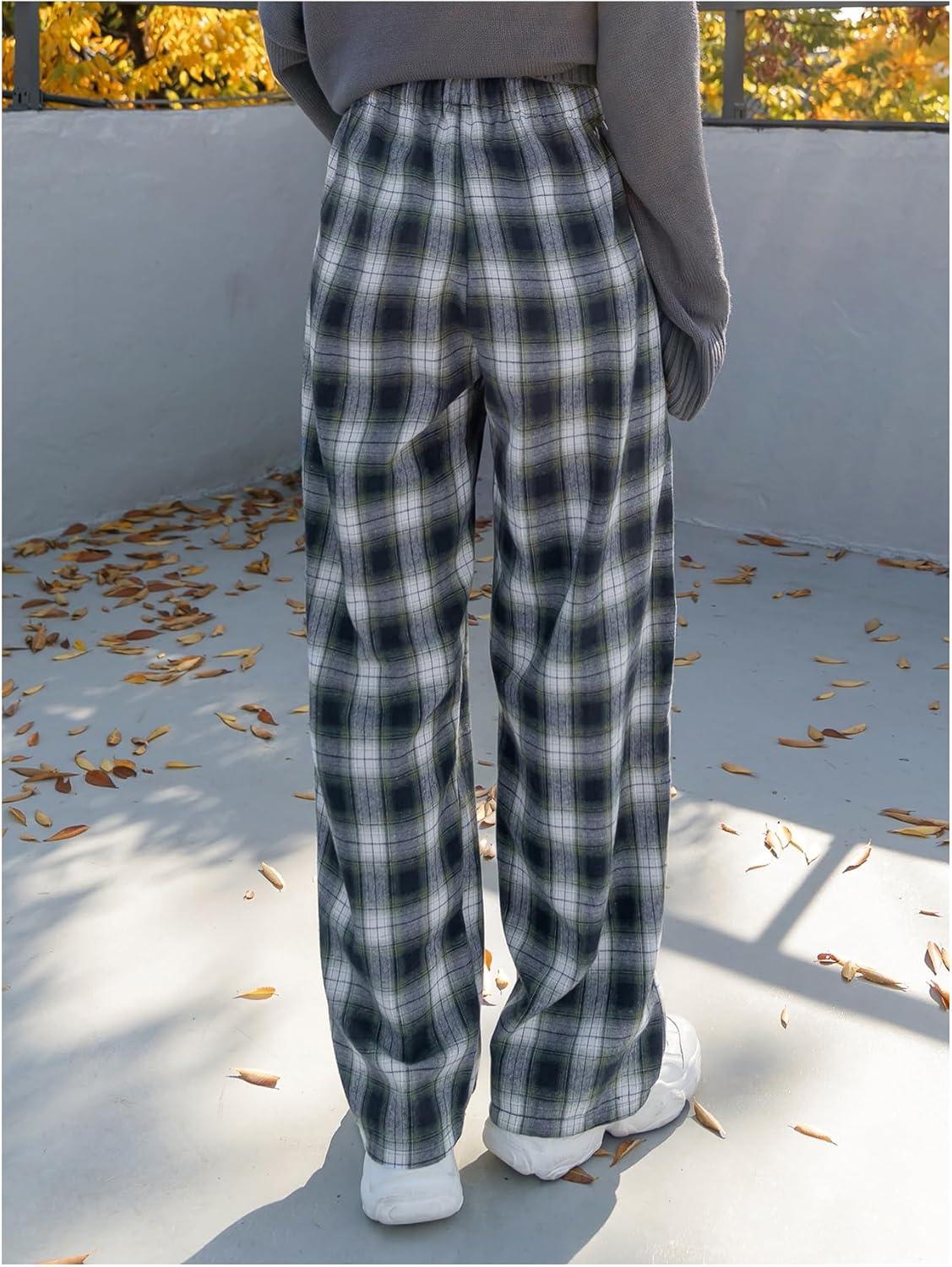 imageMakeMeChic Womens Plaid Pants Elastic Waist Wide Leg Loose Casual TrousersMulticolor a
