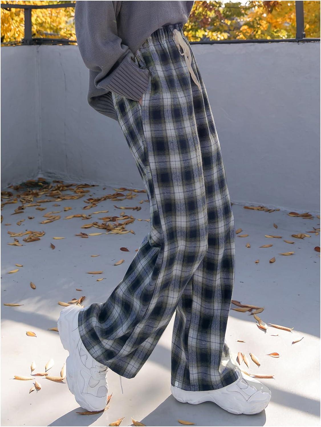 imageMakeMeChic Womens Plaid Pants Elastic Waist Wide Leg Loose Casual TrousersMulticolor a