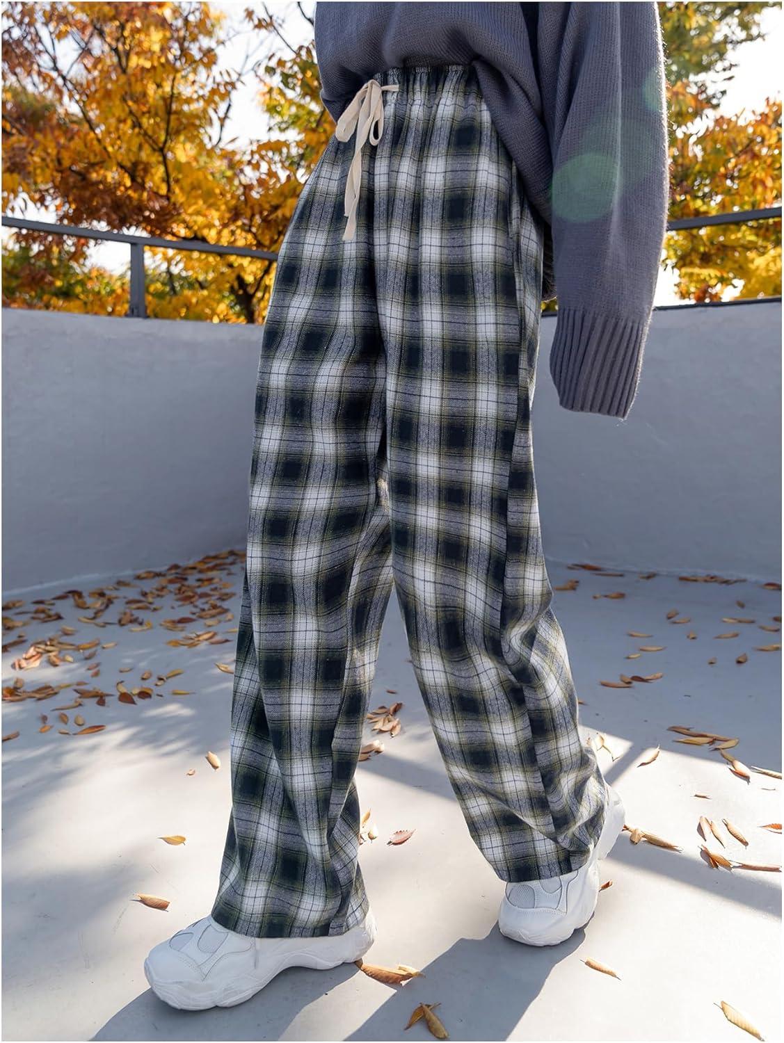 imageMakeMeChic Womens Plaid Pants Elastic Waist Wide Leg Loose Casual TrousersMulticolor a