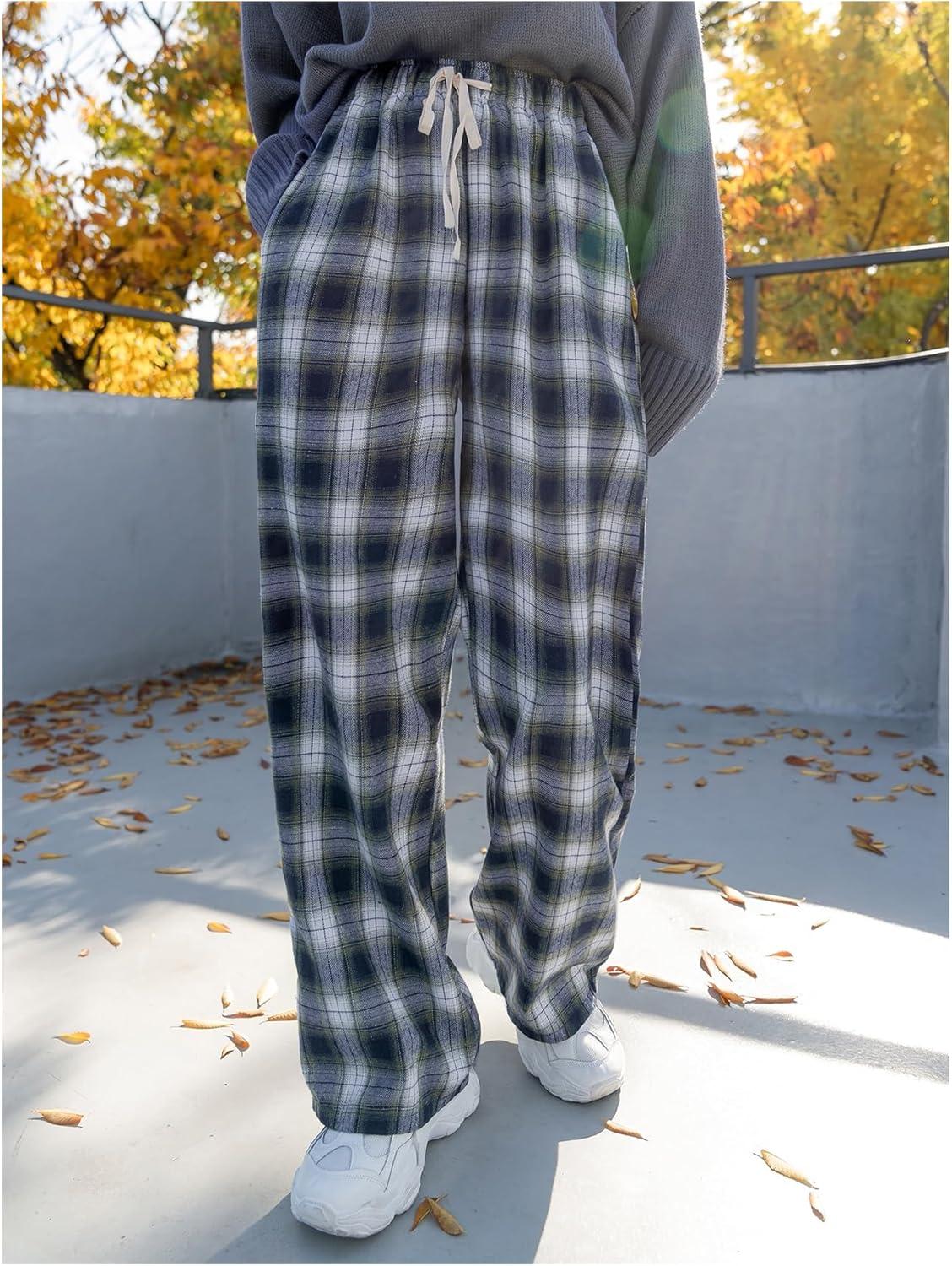 imageMakeMeChic Womens Plaid Pants Elastic Waist Wide Leg Loose Casual TrousersMulticolor a