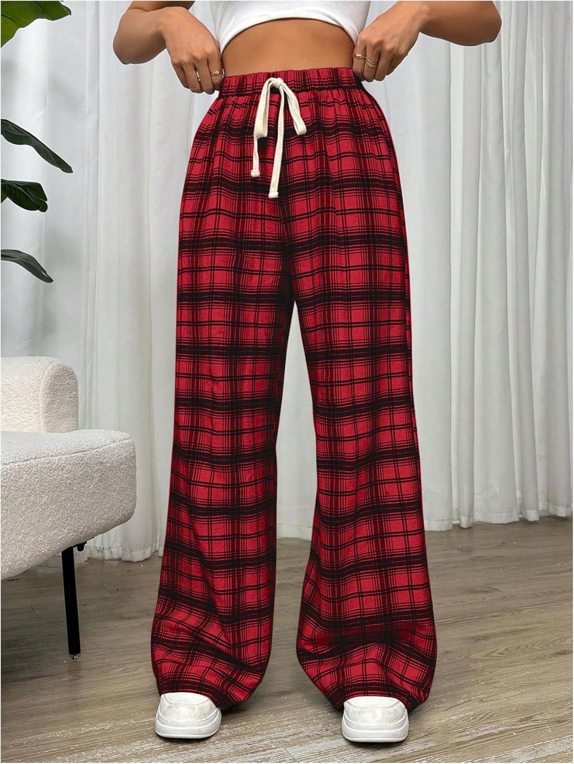imageMakeMeChic Womens Plaid Pants Elastic Waist Wide Leg Loose Casual TrousersRed
