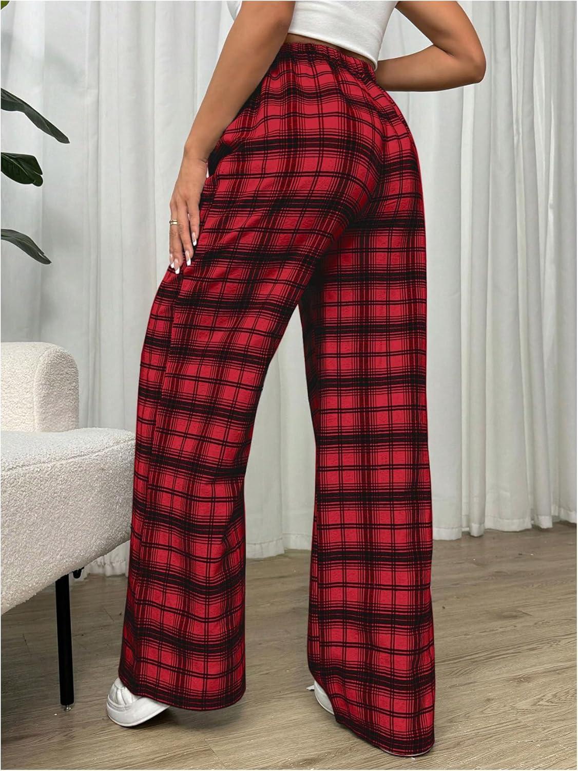 imageMakeMeChic Womens Plaid Pants Elastic Waist Wide Leg Loose Casual TrousersRed