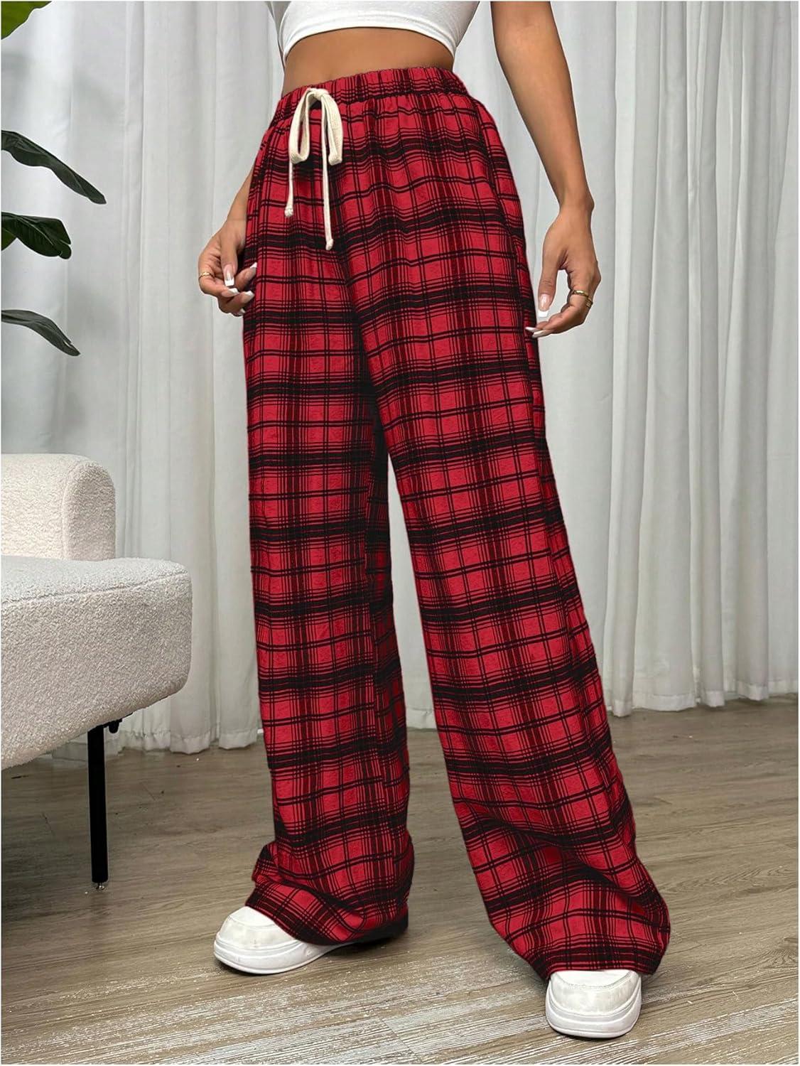 imageMakeMeChic Womens Plaid Pants Elastic Waist Wide Leg Loose Casual TrousersRed