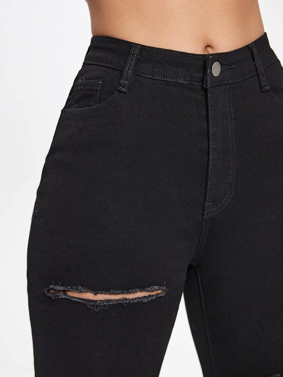imageMakeMeChic Womens Ripped Skinny Jeans Casual High Waisted Distressed Stretch Denim PantsB Black