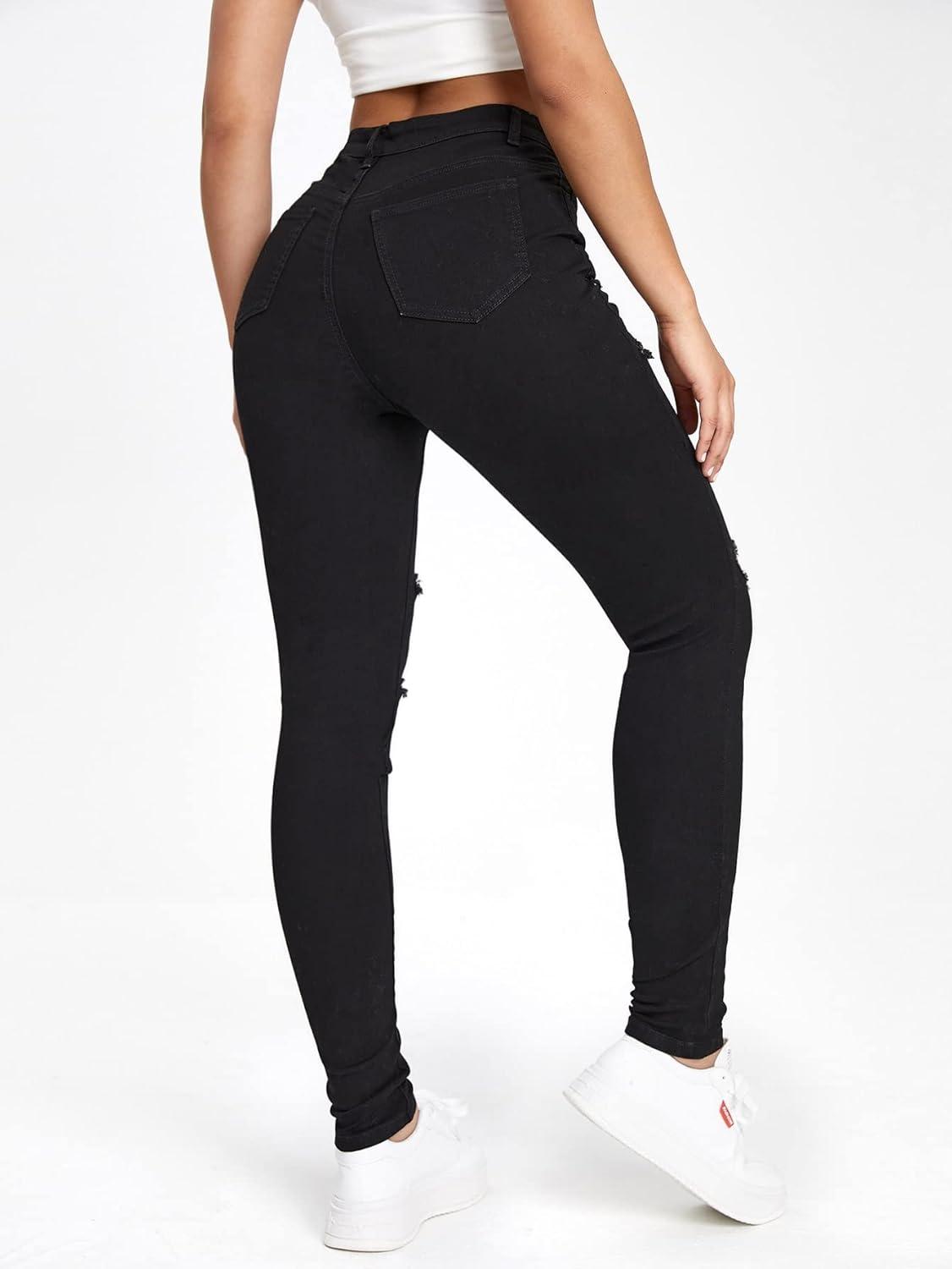 imageMakeMeChic Womens Ripped Skinny Jeans Casual High Waisted Distressed Stretch Denim PantsB Black