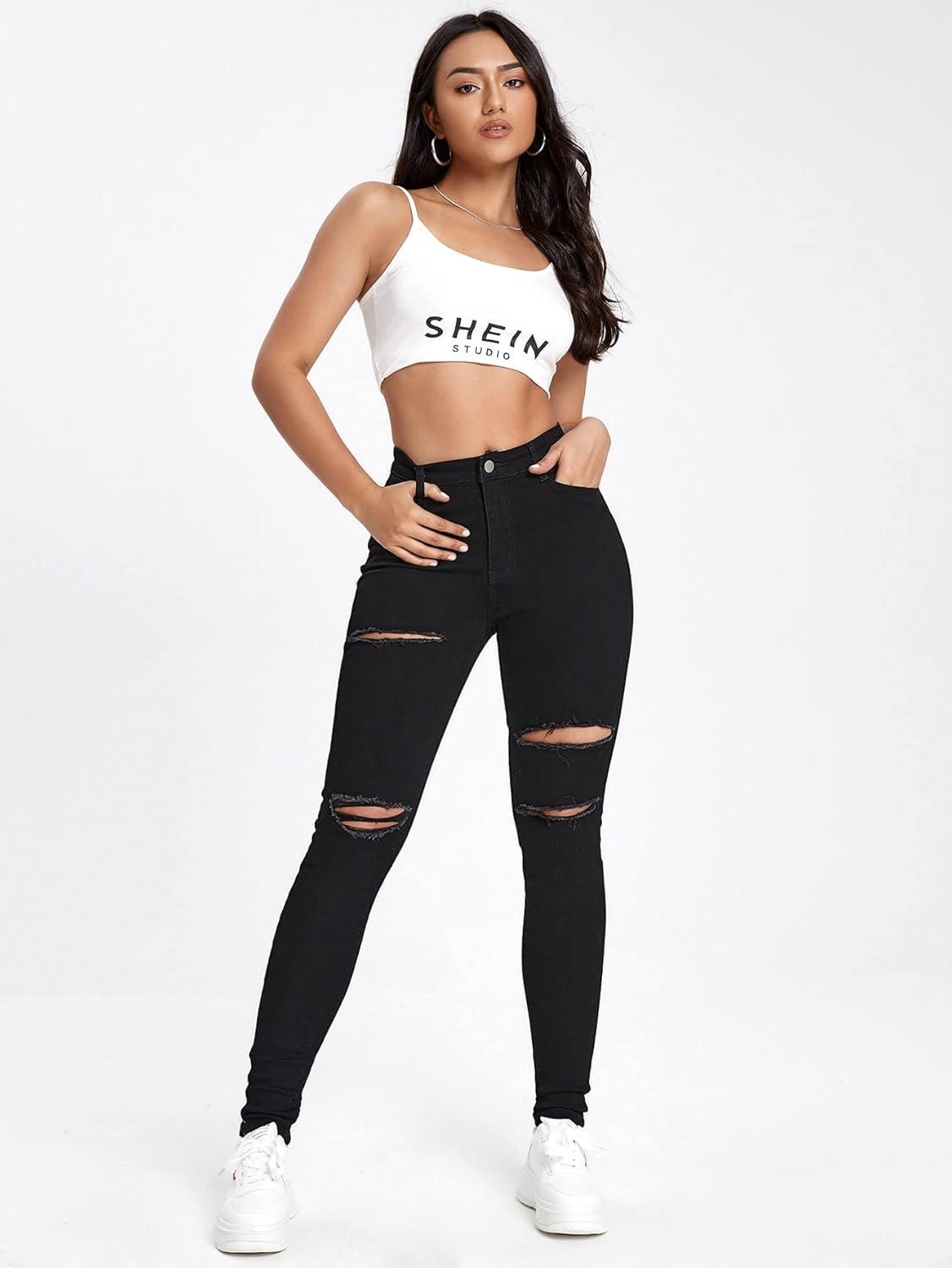 imageMakeMeChic Womens Ripped Skinny Jeans Casual High Waisted Distressed Stretch Denim PantsB Black