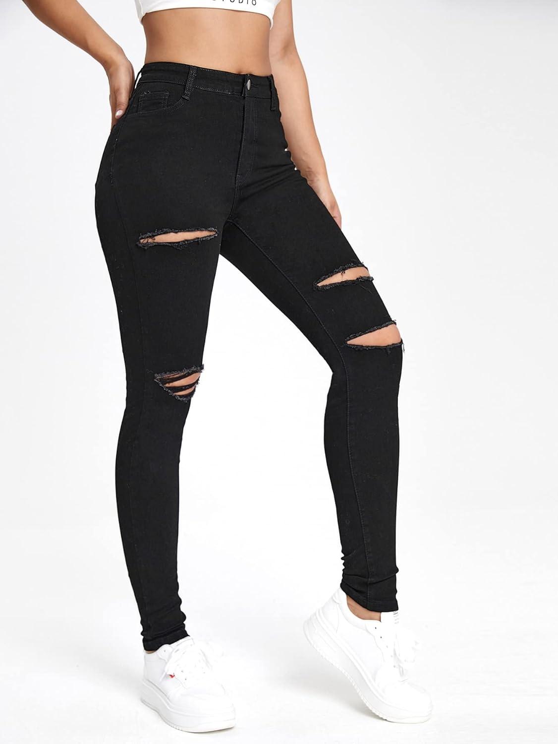 imageMakeMeChic Womens Ripped Skinny Jeans Casual High Waisted Distressed Stretch Denim PantsB Black