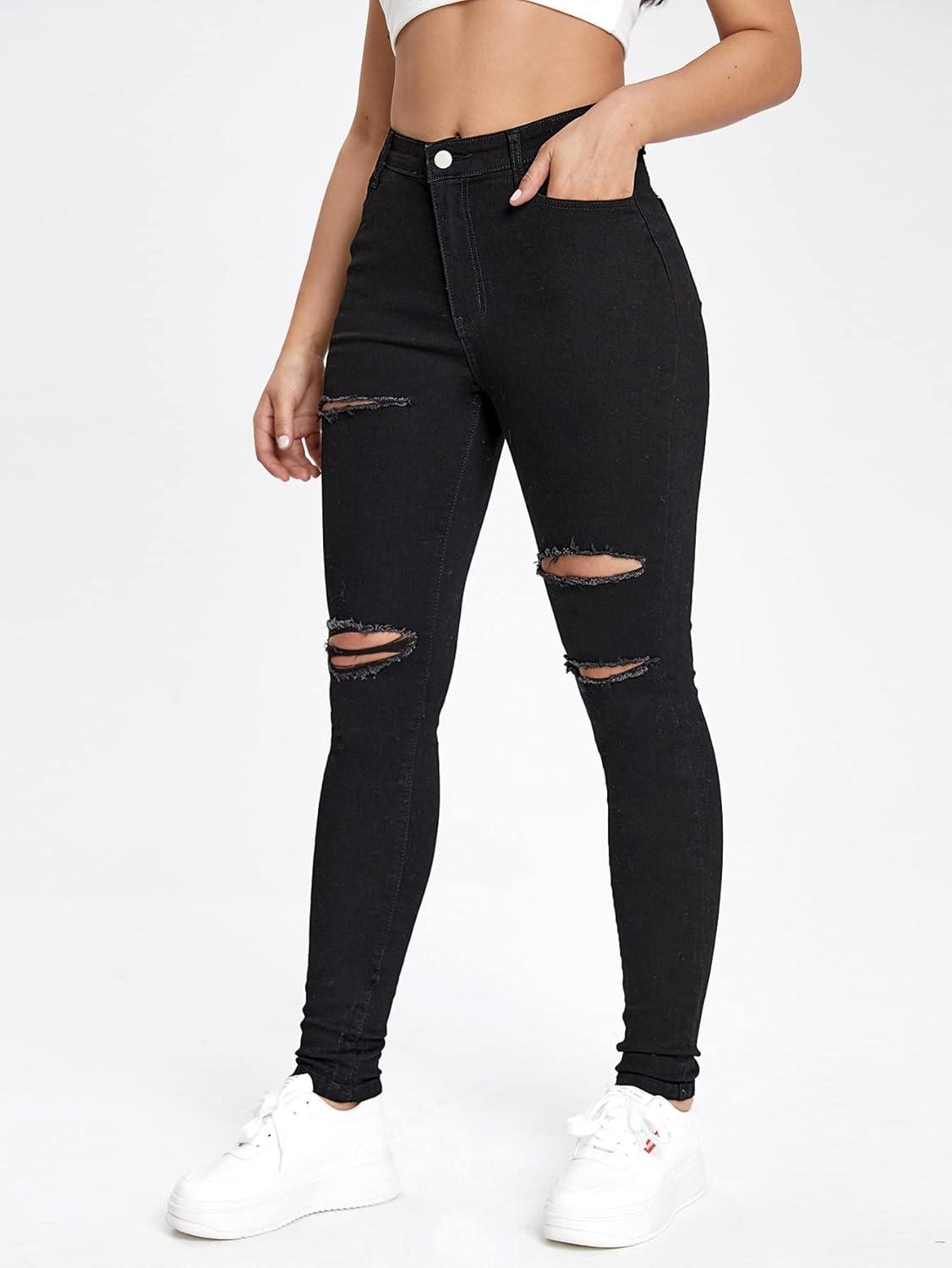 imageMakeMeChic Womens Ripped Skinny Jeans Casual High Waisted Distressed Stretch Denim PantsB Black