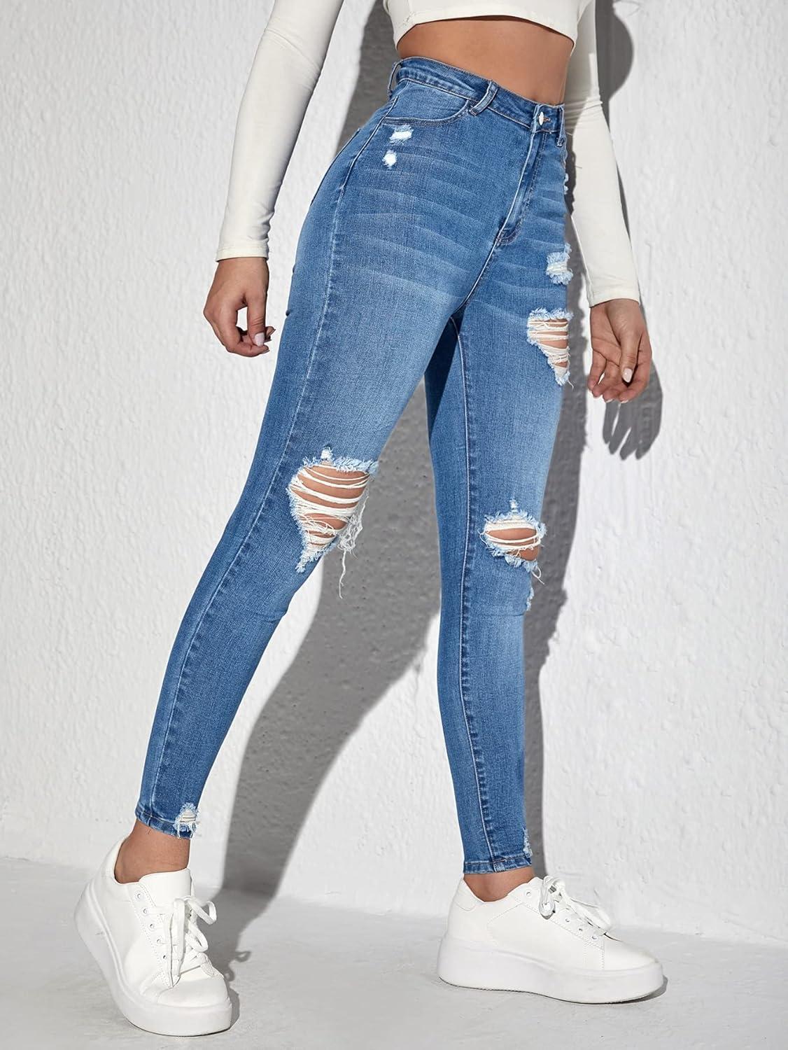 imageMakeMeChic Womens Ripped Skinny Jeans Casual High Waisted Distressed Stretch Denim PantsBlue a
