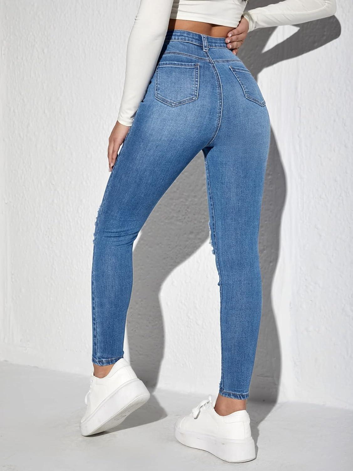 imageMakeMeChic Womens Ripped Skinny Jeans Casual High Waisted Distressed Stretch Denim PantsBlue a