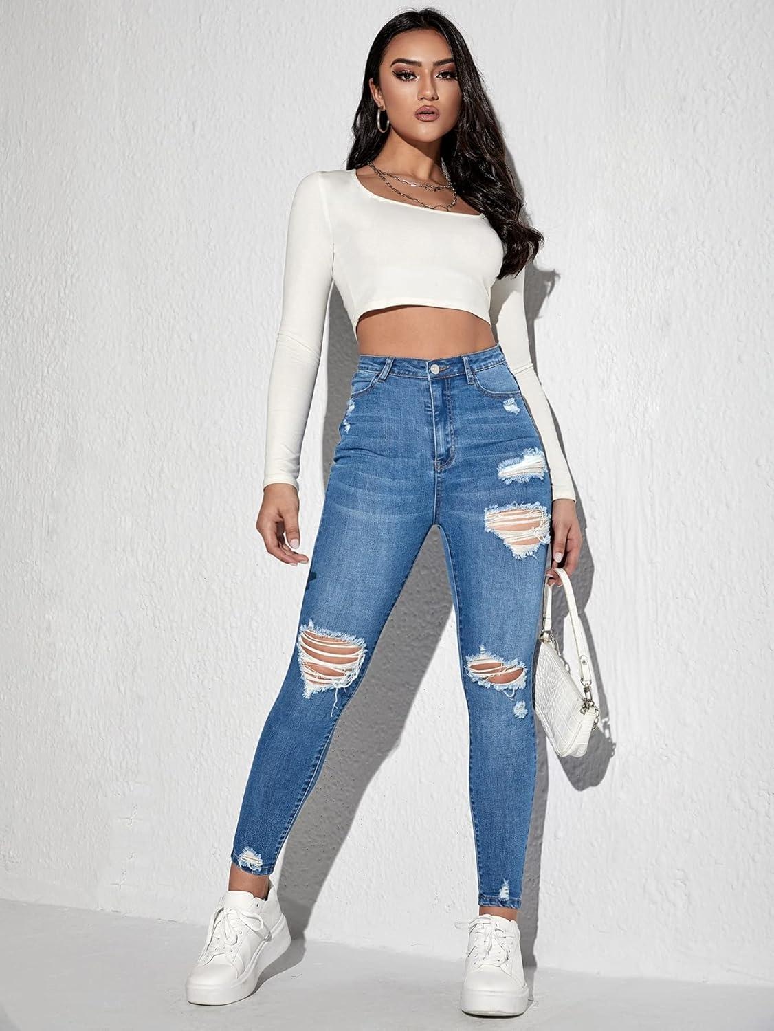 imageMakeMeChic Womens Ripped Skinny Jeans Casual High Waisted Distressed Stretch Denim PantsBlue a