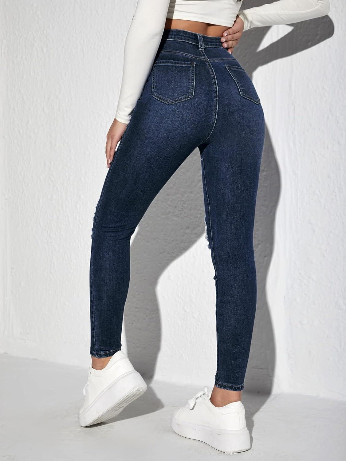 imageMakeMeChic Womens Ripped Skinny Jeans Casual High Waisted Distressed Stretch Denim PantsDark Blue