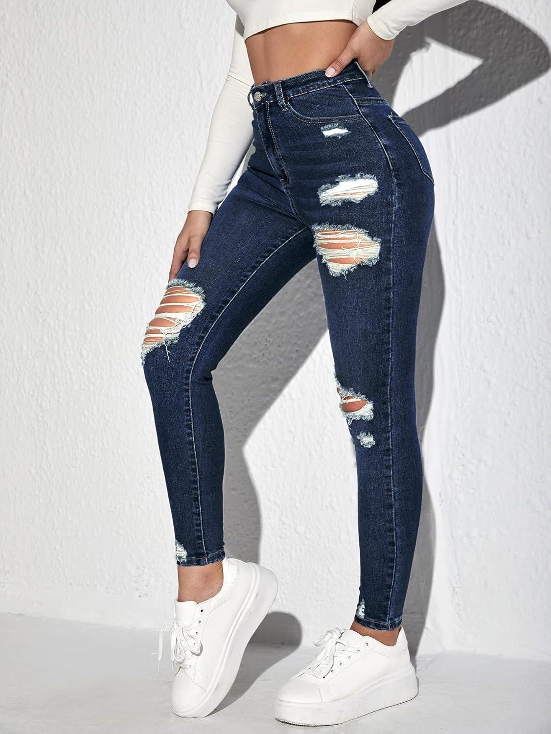 imageMakeMeChic Womens Ripped Skinny Jeans Casual High Waisted Distressed Stretch Denim PantsDark Blue