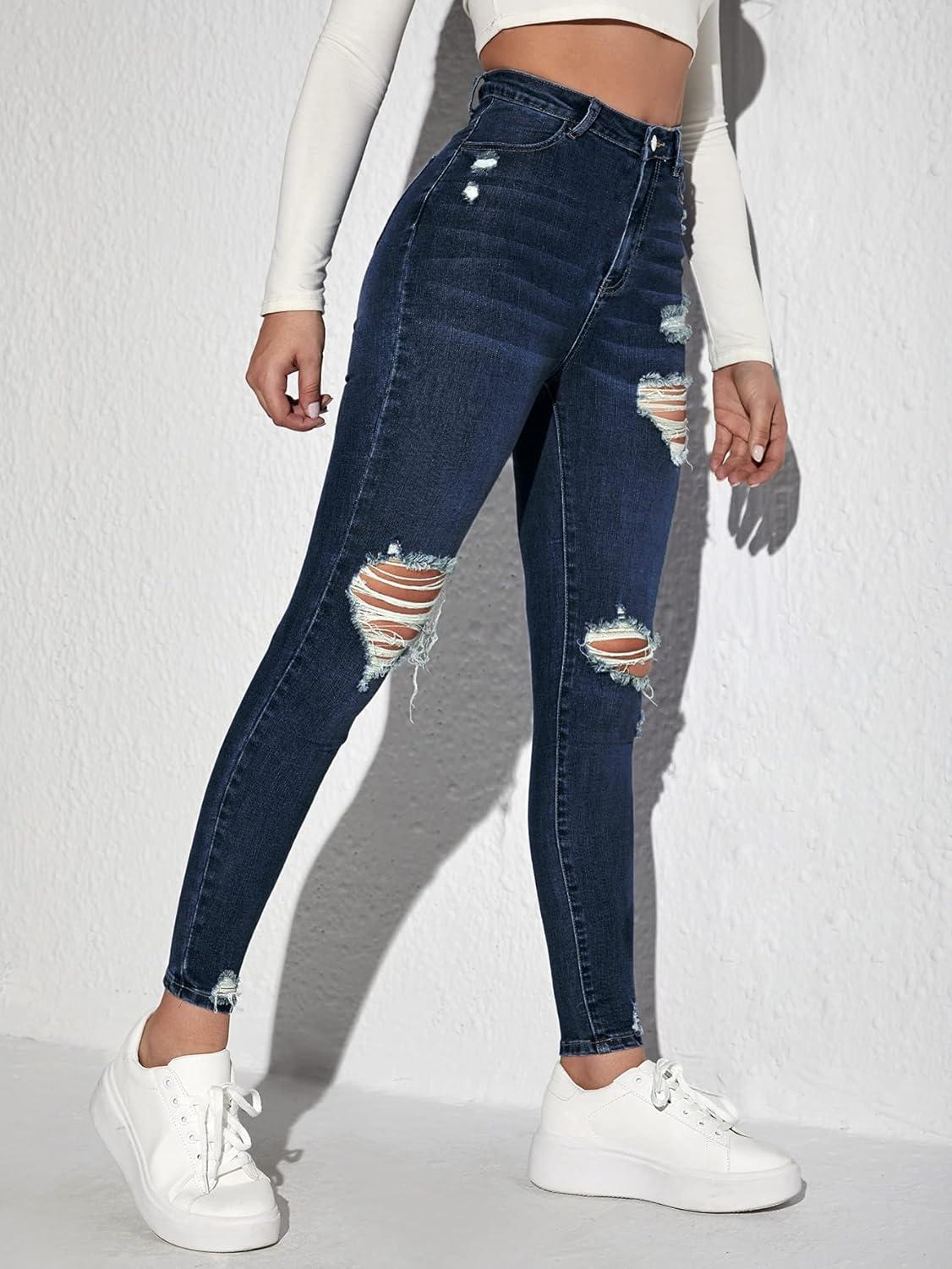 imageMakeMeChic Womens Ripped Skinny Jeans Casual High Waisted Distressed Stretch Denim PantsDark Blue
