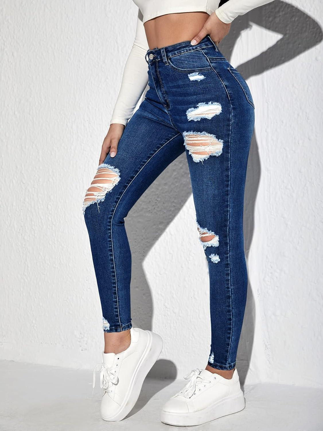 imageMakeMeChic Womens Ripped Skinny Jeans Casual High Waisted Distressed Stretch Denim PantsDark Wash