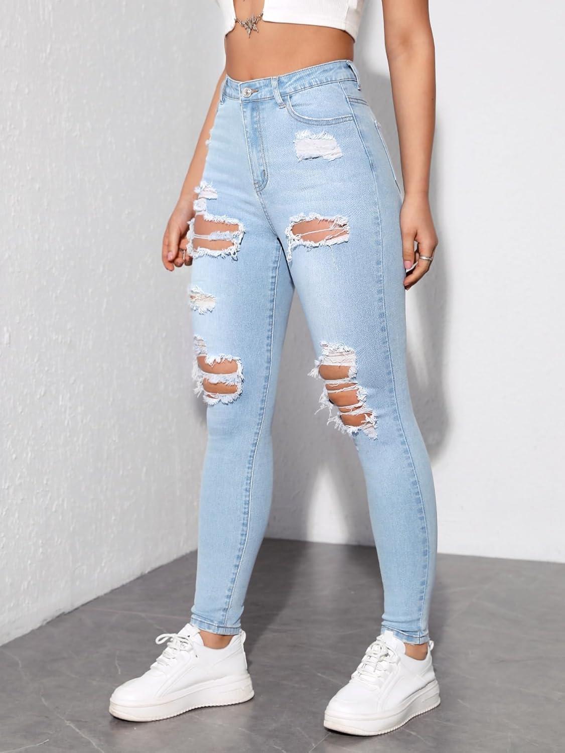 imageMakeMeChic Womens Ripped Skinny Jeans Casual High Waisted Distressed Stretch Denim PantsLight Wash