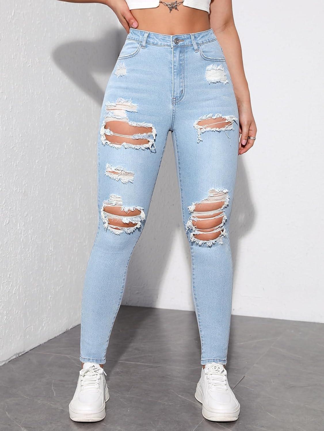 imageMakeMeChic Womens Ripped Skinny Jeans Casual High Waisted Distressed Stretch Denim PantsLight Wash
