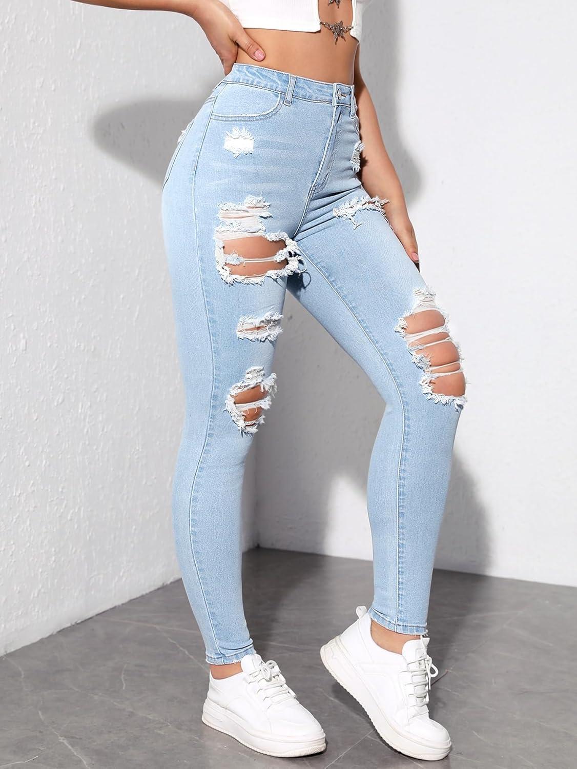 imageMakeMeChic Womens Ripped Skinny Jeans Casual High Waisted Distressed Stretch Denim PantsLight Wash