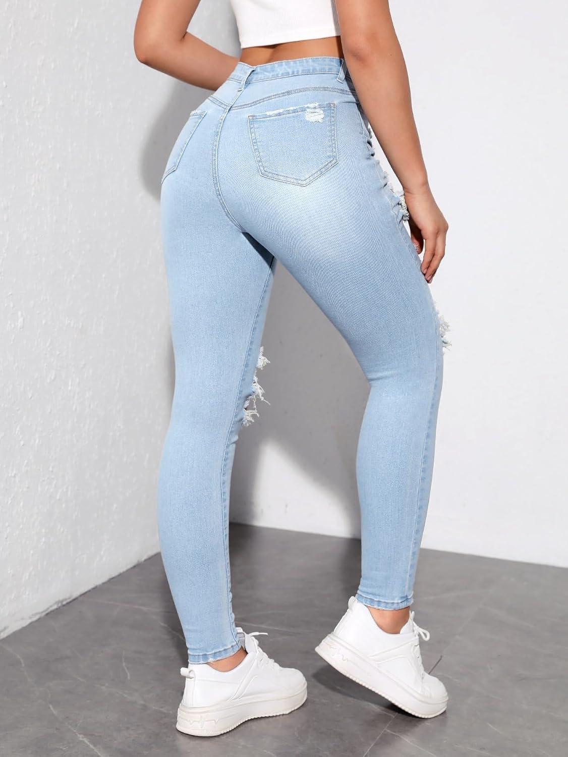 imageMakeMeChic Womens Ripped Skinny Jeans Casual High Waisted Distressed Stretch Denim PantsLight Wash