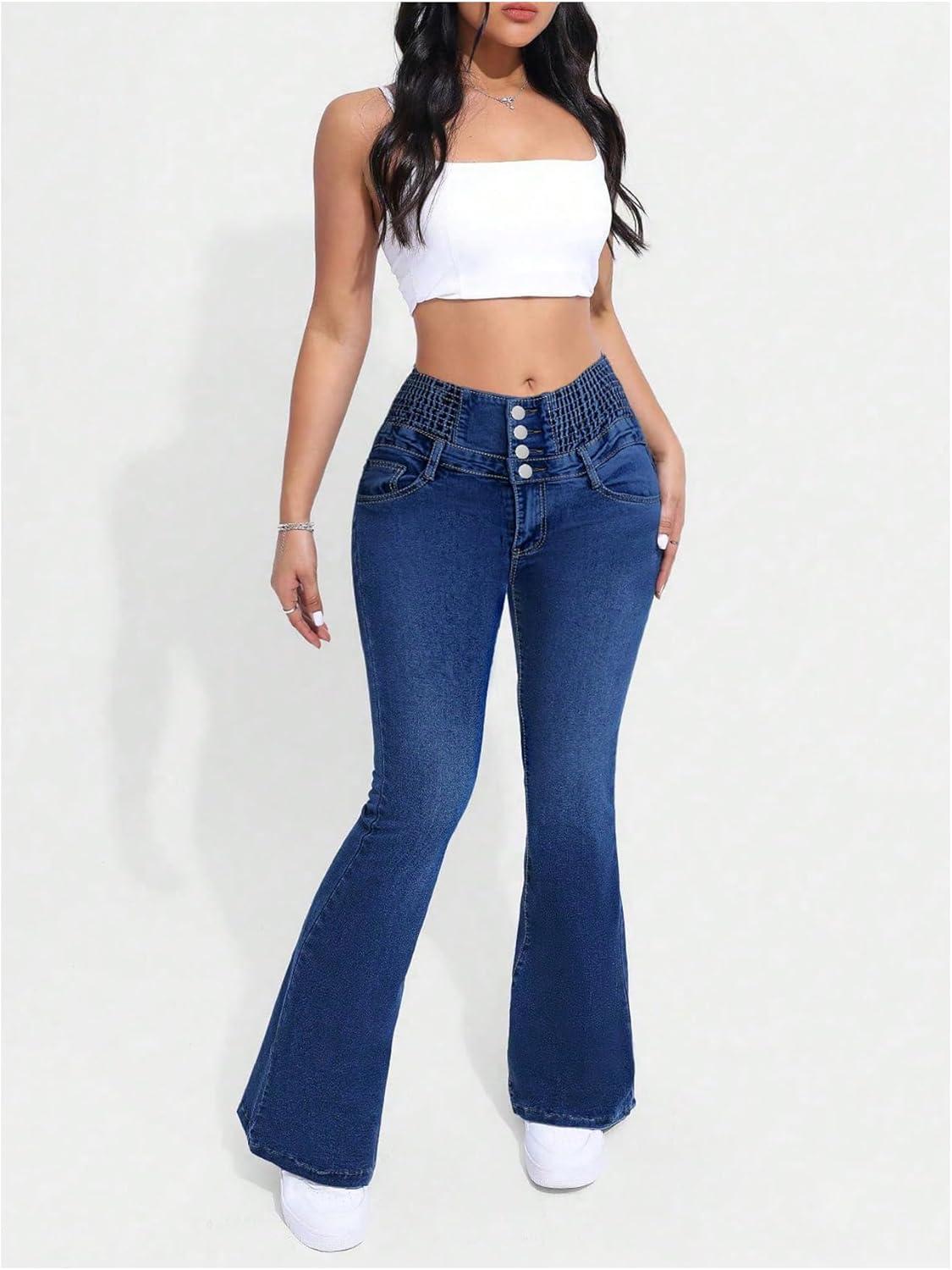 imageMakeMeChic Womens Y2K Denim Pants Bell Bottom Shirred Flare Skinny Y2K Jeans Trousers with PocketDark Wash
