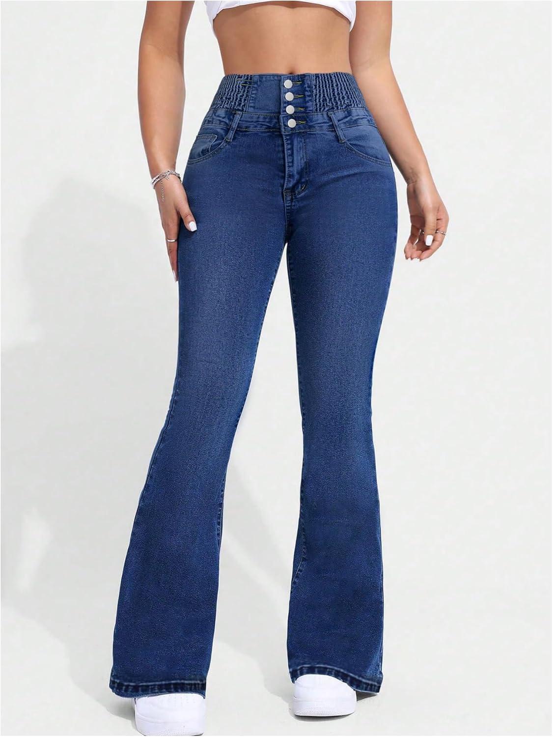 imageMakeMeChic Womens Y2K Denim Pants Bell Bottom Shirred Flare Skinny Y2K Jeans Trousers with PocketDark Wash