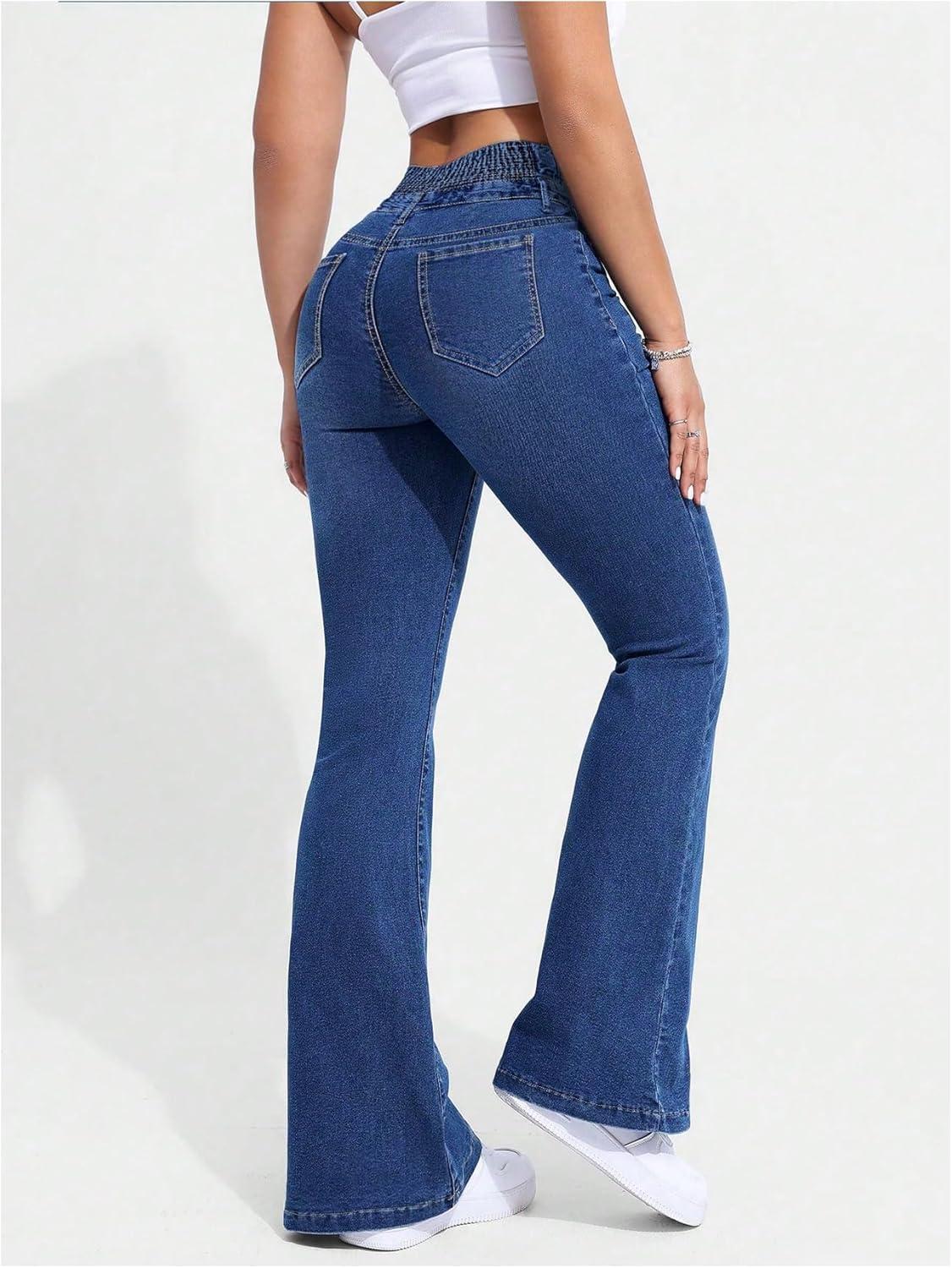 imageMakeMeChic Womens Y2K Denim Pants Bell Bottom Shirred Flare Skinny Y2K Jeans Trousers with PocketDark Wash