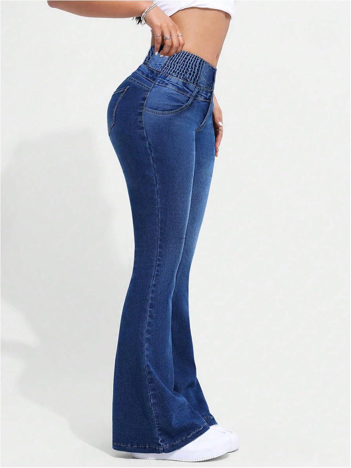 imageMakeMeChic Womens Y2K Denim Pants Bell Bottom Shirred Flare Skinny Y2K Jeans Trousers with PocketDark Wash