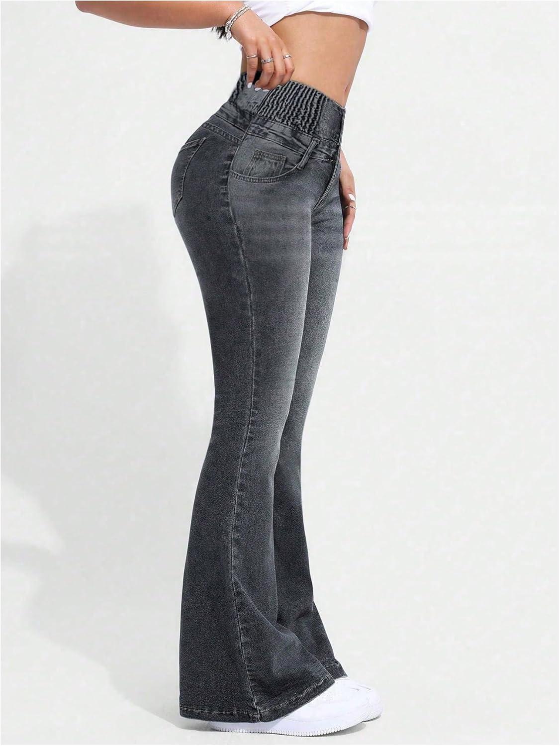 imageMakeMeChic Womens Y2K Denim Pants Bell Bottom Shirred Flare Skinny Y2K Jeans Trousers with PocketGrey