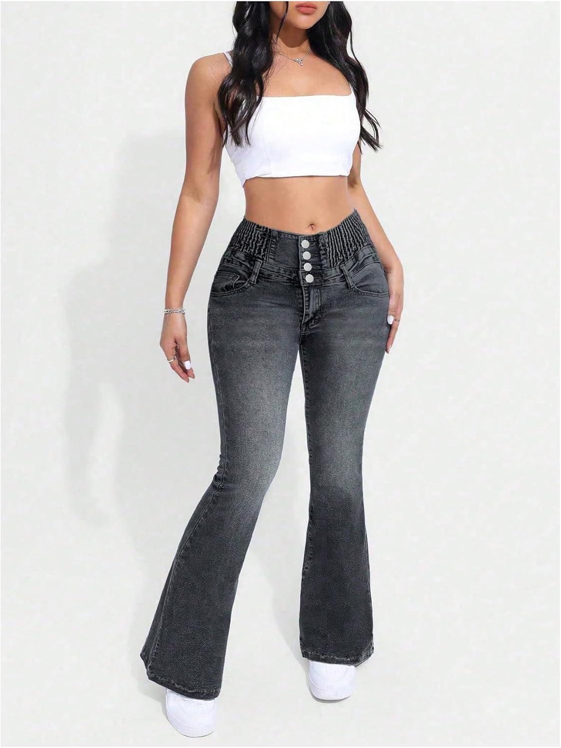imageMakeMeChic Womens Y2K Denim Pants Bell Bottom Shirred Flare Skinny Y2K Jeans Trousers with PocketGrey