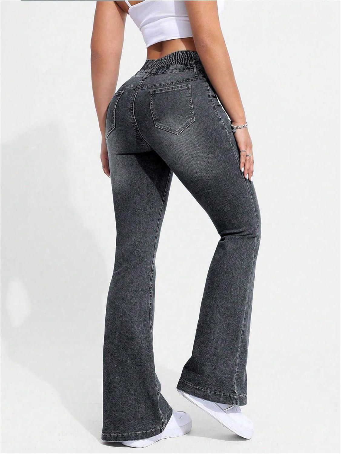 imageMakeMeChic Womens Y2K Denim Pants Bell Bottom Shirred Flare Skinny Y2K Jeans Trousers with PocketGrey