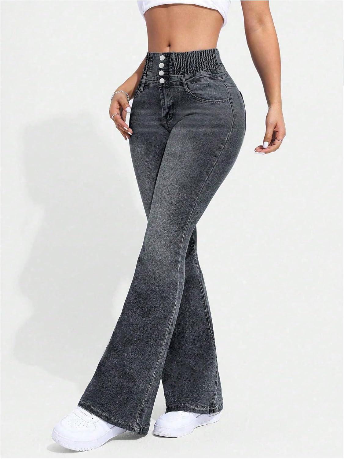 imageMakeMeChic Womens Y2K Denim Pants Bell Bottom Shirred Flare Skinny Y2K Jeans Trousers with PocketGrey